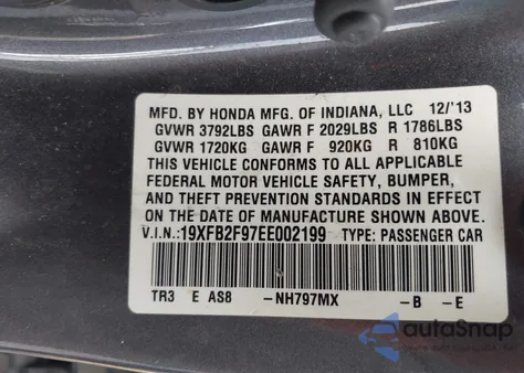 2014 Honda Civic Exl z USA, uszkodzony, nr VIN 19XFB2F97EE002199